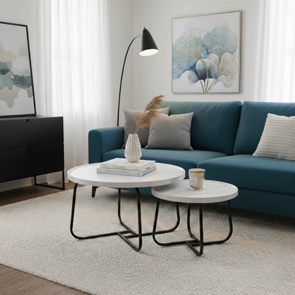 Tραπέζια σαλονιού Crismory pakoworld σετ 2τεμ MDF σε απόχρωση λευκό μαρμάρου και μαύρα μεταλλικά πόδια