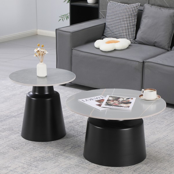 Τραπέζια σαλονιού Dualis pakoworld σετ 2 τεμ μαυρο μέταλλο-sintered stone σε γκρι μαρμάρου