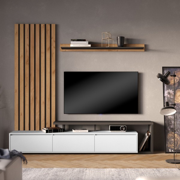 Σύνθετο σαλονιού Claironse pakoworld σε φυσική απόχρωση-ανθρακί-ανοιχτό γκρι 225x37.6x210εκ