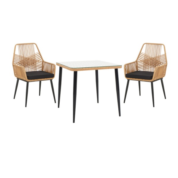 Τραπεζαρία Naoki-Tanish σετ 3 τεμ pakoworld μέταλλο μαύρο-pe φυσικό-γυαλί 80x80x78εκ