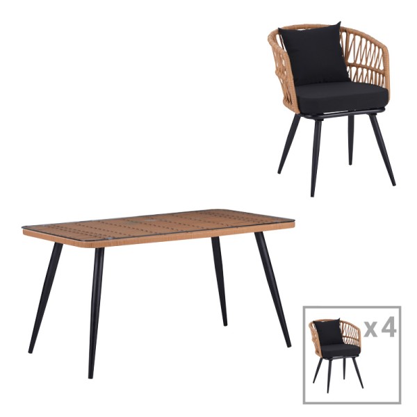 Τραπεζαρία Naoki σετ 5 τεμ pakoworld γυάλινο- pe rattan σε φυσική απόχρωση με μαυρα πόδια 140x80x78εκ