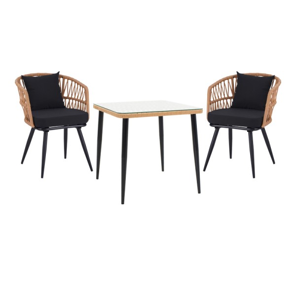 Τραπεζαρία Naoki σετ 3 τεμ pakoworld μέταλλο μαύρο-pe φυσικό-γυαλί 80x80x78εκ