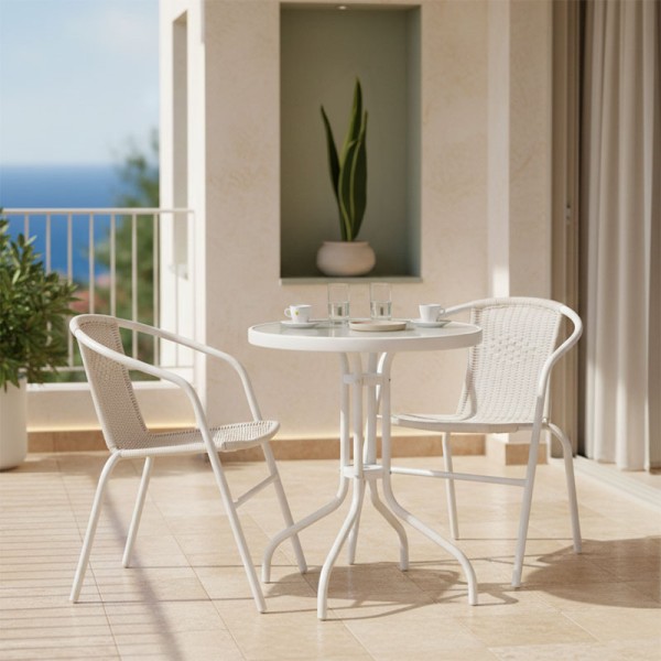 Τραπεζαρία Watson-Obbi σετ 3τεμ pakoworld μέταλλο λευκό-γυαλί Φ60x70εκ