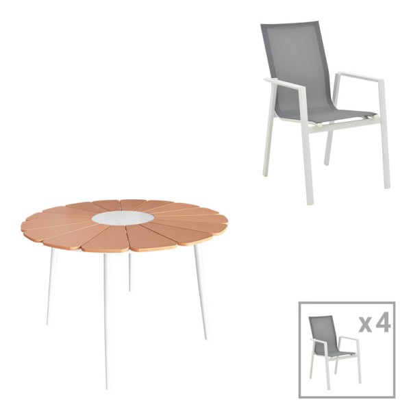 Τραπεζαρία Pinap-Dashiell σετ 5τεμ pakoworld λευκό αλουμίνιο και plywood σε φυσική απόχρωση Φ110x74εκ