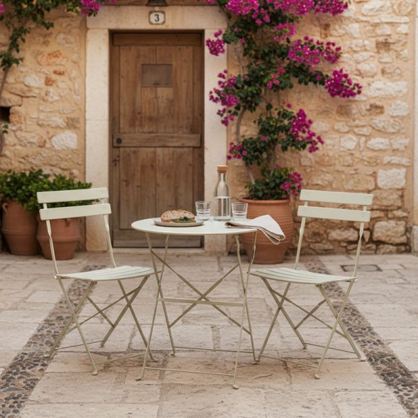 Τραπεζαρία Bistro pakoworld σετ 3τεμ μεταλλική αναδιπλούμενη σε μπεζ απόχρωση Φ60x71εκ