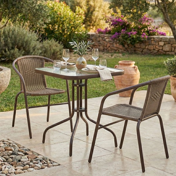 Tραπεζαρία Obbi-Watson pakoworld σετ 3τεμ καφέ μέταλλο-pe rattan 60x60x70εκ