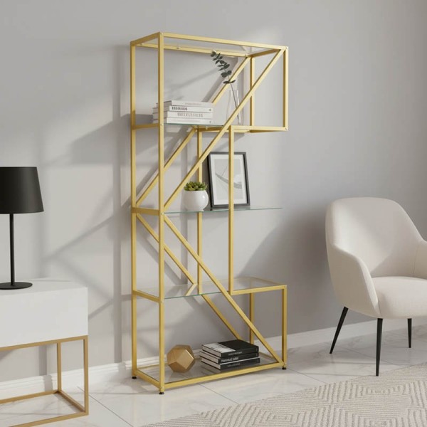 Ραφιέρα Aylan pakoworld γυαλί - μέταλλο σε χρυσή απόχρωση 100x30x200εκ