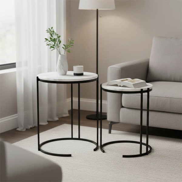 Boηθητικά τραπέζια σαλονιού σετ 2τεμ Luxere Inart μαύρο μέταλλο-λευκό μαρμάρου