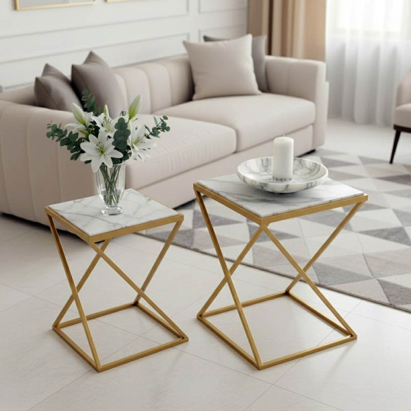 Βοηθητικά τραπεζάκια σαλονιού σετ 2τεμ Zoliene Inart χρυσό μέταλλο-λευκό μαρμάρου