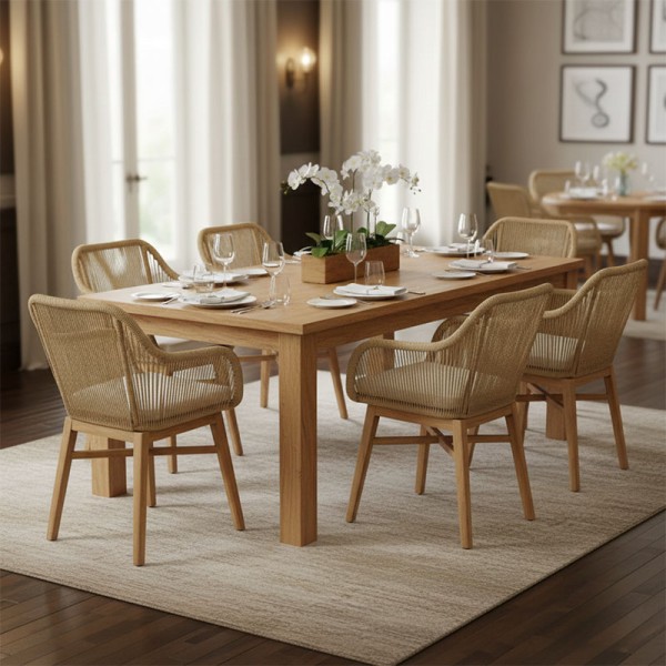 Τραπεζαρία Kalie-Wooly pakoworld σετ 7τεμ σε φυσική-μπεζ απόχρωση 220x90x75εκ