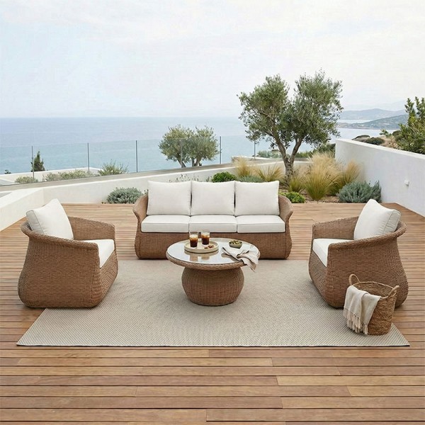 Σαλόνι κήπου Tropicana pakoworld 4τεμ pe rattan σε καφέ απόχρωση - ύφασμα μπεζ