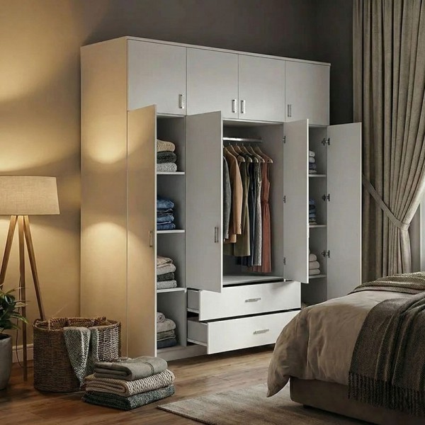 Ντουλάπα τετράφυλλη Royal pakoworld με συρτάρια και πατάρι λευκό 200x58x230εκ