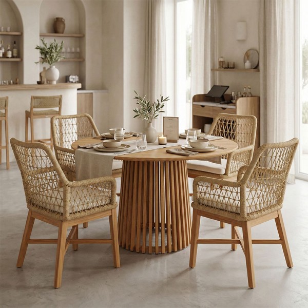 Τραπεζαρία Elaiza-Kenda I pakoworld σετ 5τεμ teak ξύλο σε φυσική-μπεζ απόχρωση Φ120x75εκ