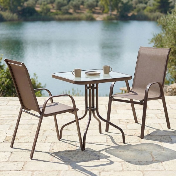 Τραπεζαρία Watson-Calan σετ 3τεμ pakoworld μέταλλο-textilene καφέ 70x70x70εκ