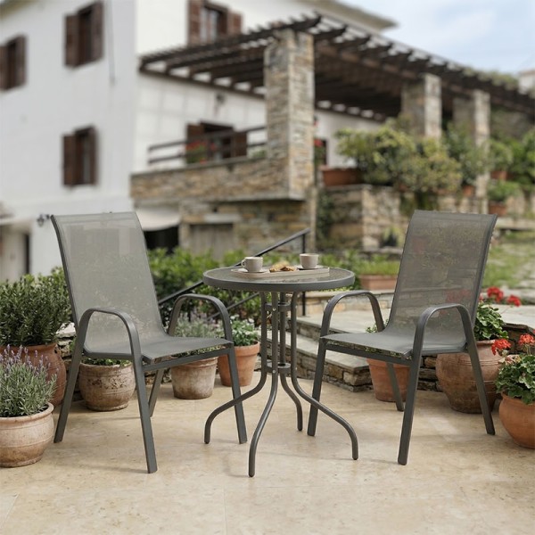 Tραπεζαρία Calan-Watson pakoworld σετ 3τεμ μέταλλο γκρι και γυαλί tempered Φ60x70εκ