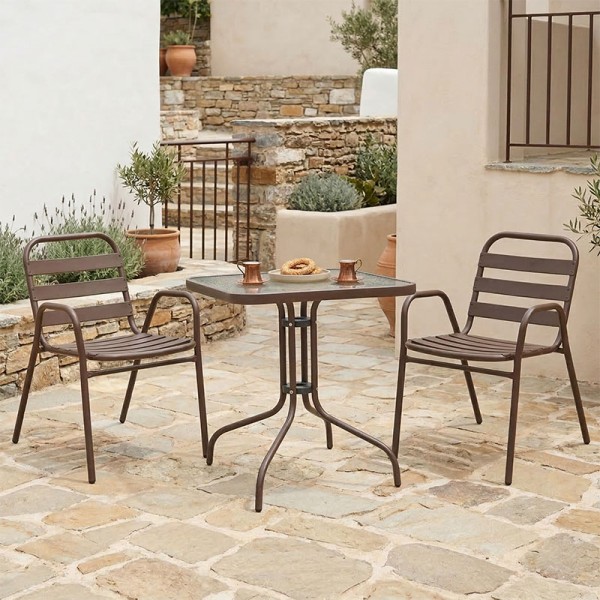 Τραπεζαρία Watson-Sussie pakoworld σετ 3τεμ μέταλλο καφέ-γυαλί 70x70x70εκ