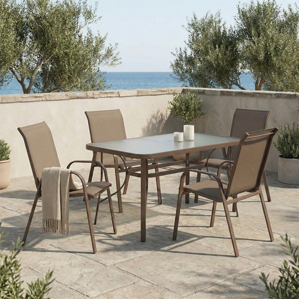 Τραπεζαρία Ensure-Calan pakoworld σετ 5τεμ μέταλλο-γυαλί καφέ 140x80x70εκ