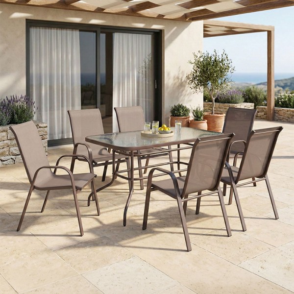 Τραπεζαρία Ensure-Calan σετ 7τεμ pakoworld μέταλλο-textilene καφέ