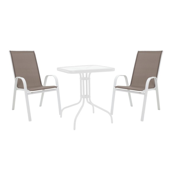 Τραπεζαρία Watson-Calan pakoworld σετ 3τεμ μέταλλο λευκό- γυαλί 70x70x70εκ