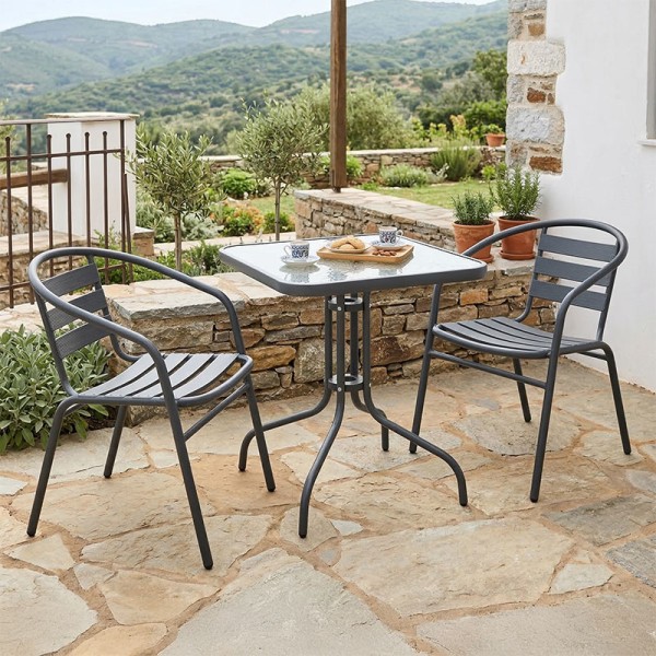 Τραπεζαρία Watson-Tade pakoworld 3τεμ μέταλλο ανθρακί-γυαλί 70x70x70εκ