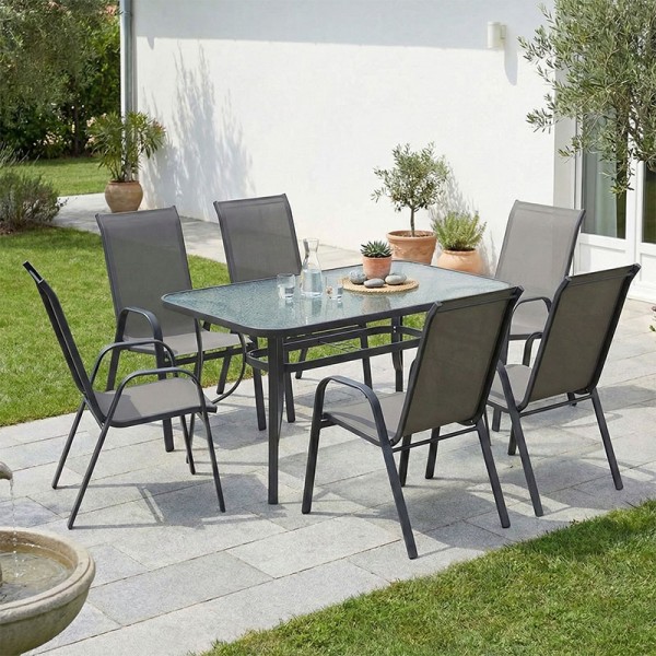 Tραπεζαρία Calan-Ensure pakoworld σετ 7τεμ σκούρο ανθρακί μέταλλο και textilene ανθρακί 140x80x70εκ