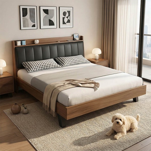 Κρεβάτι Frankly pakoworld mdf-pu σε καρυδί-μαύρο απόχρωση 150x200εκ