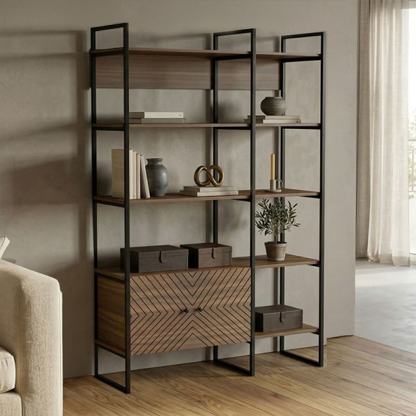 Βιβλιοθήκη Rhombo pakoworld καρυδί-μαύρο 120x35x180εκ