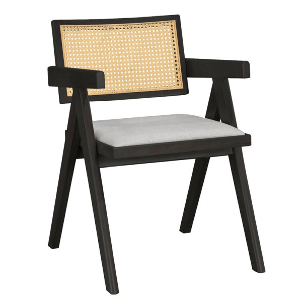 Πολυθρόνα Winslow pakoworld ξύλο rubberwood μαύρο-pvc rattan φυσικό-ύφασμα γκρι | Συσκευασία 2 τμχ
