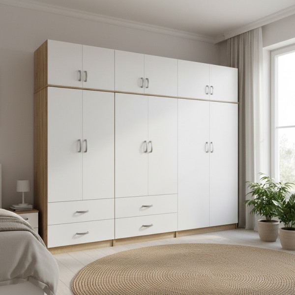 Ντουλάπα εξάφυλλη με πατάρι Athos pakoworld sonoma-λευκή 240x42x240εκ