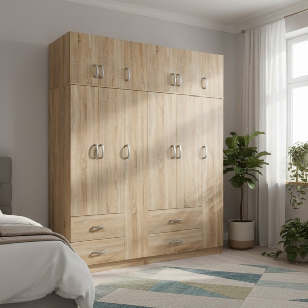 Ντουλάπα εξάφυλλη με πατάρι Athos pakoworld sonoma 180x42x240εκ
