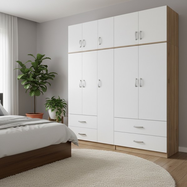 Ντουλάπα πεντάφυλλη με πατάρι Athos pakoworld sonoma-λευκή 170x42x240εκ
