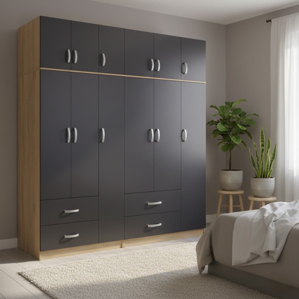 Ντουλάπα εξάφυλλη με πατάρι Athos pakoworld sonoma-ανθρακί 180x42x240εκ