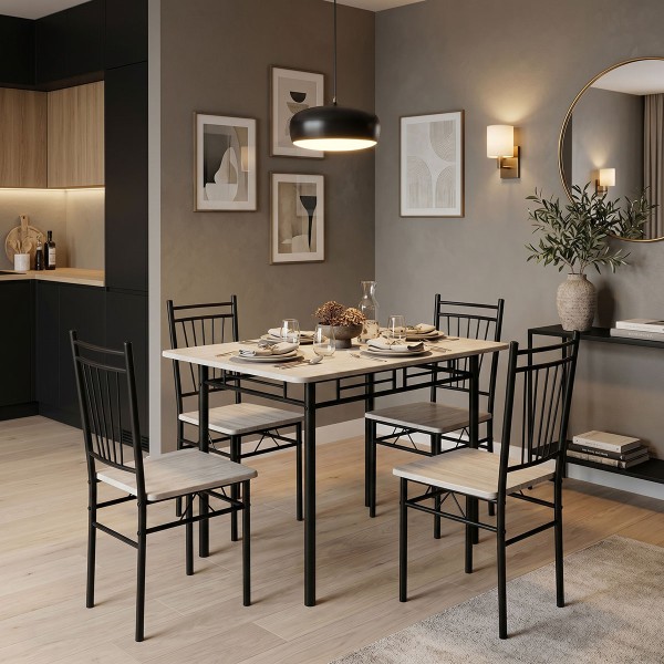 Τραπεζαρία Roza pakoworld σετ 5τμχ mdf sonoma με μεταλλικό μαύρο πόδι 110x60x75εκ