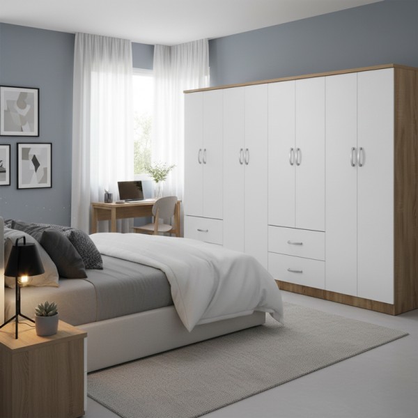 Ντουλάπα οχτάφυλλη Athos pakoworld sonoma-λευκή 241x42x181εκ