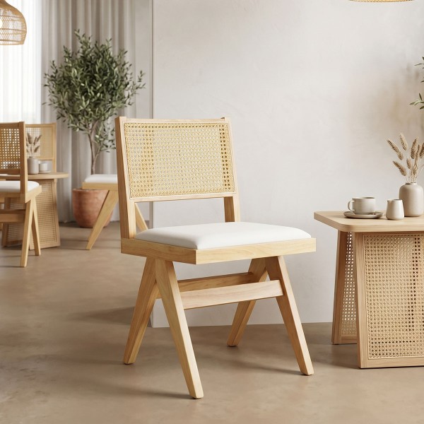 Καρέκλα Winslow pakoworld rubberwood σε φυσική απόχρωση-ύφασμα λευκό 46x58x80εκ | Συσκευασία 2 τμχ