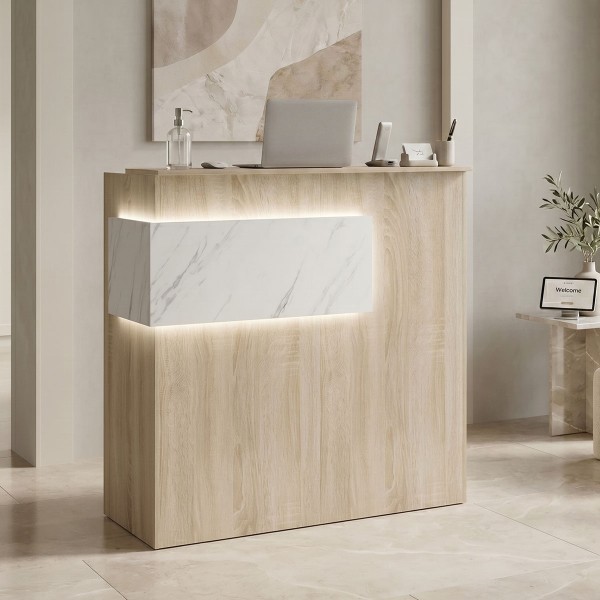 Γραφείο reception Optima pakoworld με led sonoma-λευκή όψη μαρμάρου 110x40x110εκ