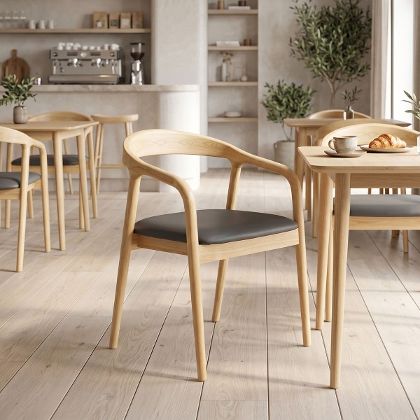 Πολυθρόνα Hogie pakoworld rubberwood σε φυσική απόχρωση με μαύρο pu μαξιλάρι 61x60x76εκ | Συσκευασία 2 τμχ