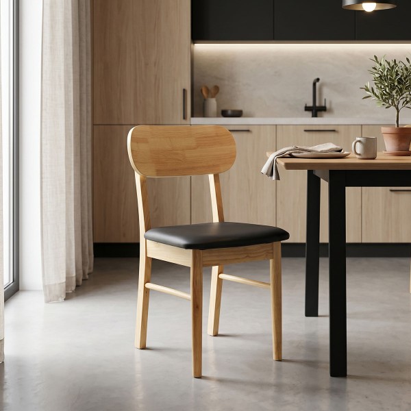 Καρέκλα Bedona pakoworld rubberwood σε φυσική απόχρωση με μαύρο pu μαξιλάρι 47x46x80εκ | Συσκευασία 2 τμχ