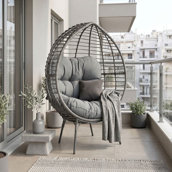 Πολυθρόνα Nestie pakoworld wicker rattan γκρι-μεταλλικό γκρι πόδι-γκρι μαξιλάρι 102x80x155εκ