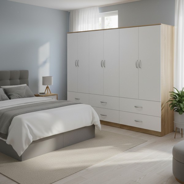 Ντουλάπα εξάφυλλη με συρτάρια Athos pakoworld sonoma-λευκό  240x42x180εκ