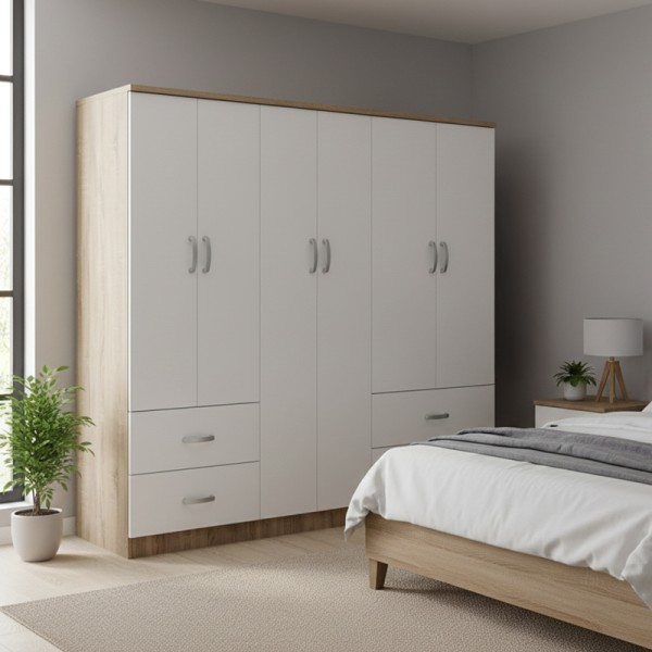 Ντουλάπα εξάφυλλη Athos pakoworld Sonoma-λευκό 200.5x42x180εκ
