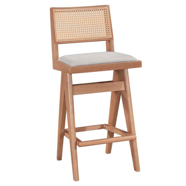 Σκαμπό bar Winslow pakoworld ξύλο rubberwood ανοικτό καρυδί-pvc rattan φυσικό-ύφασμα γκρι 44.5x46x98εκ | Συσκευασία 2 τμχ