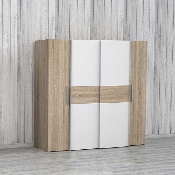 Ντουλάπα ρούχων Closet pakoworld τετράφυλλη sonoma oak-λευκό μελαμίνης 200x61.5x190.5εκ