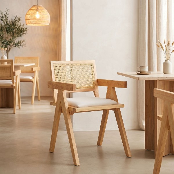 Πολυθρόνα Winslow pakoworld rubberwood σε φυσική απόχρωση-ύφασμα λευκό 51x54x80εκ | Συσκευασία 2 τμχ