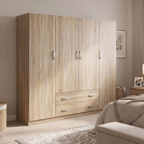 Ντουλάπα τετράφυλλη με 2 συρτάρια Alvia pakoworld sonoma 200x51x180εκ