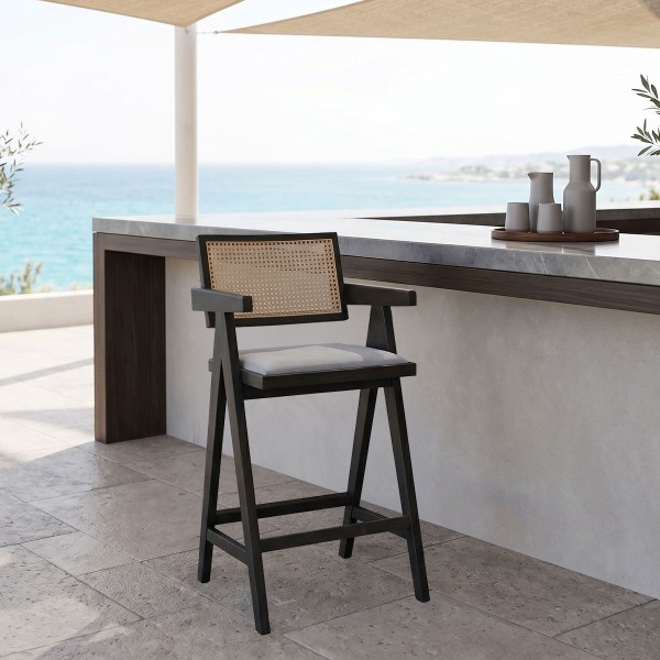 Σκαμπό bar Winslow pakoworld ξύλο rubberwood μαύρο-pvc rattan φυσικό-ύφασμα γκρι | Συσκευασία 2 τμχ