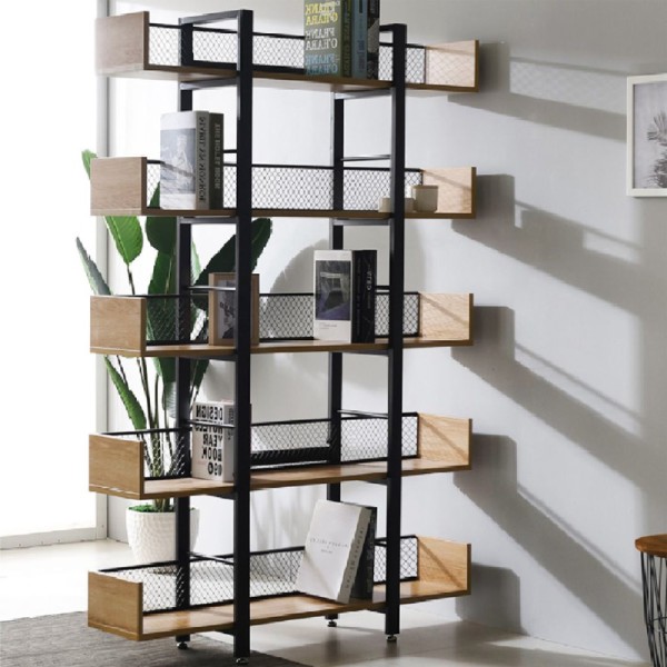 Βιβλιοθήκη Musha pakoworld μέταλλο μαύρο με oak απόχρωση 120x27x185εκ