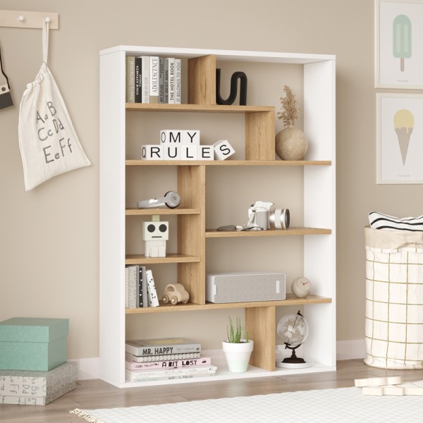 Βιβλιοθήκη Decora pakoworld σε oak-λευκό απόχρωση 90x22x123.6εκ