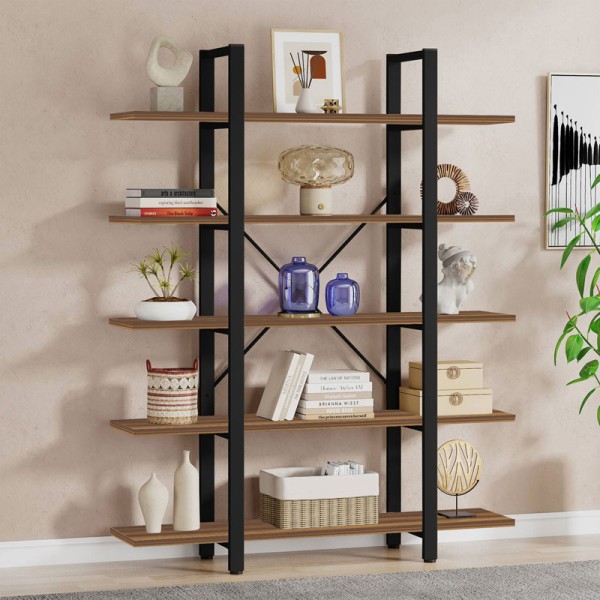 Βιβλιοθήκη Esthon pakoworld καρυδί-μαύρο μέταλλο 120x32x184εκ
