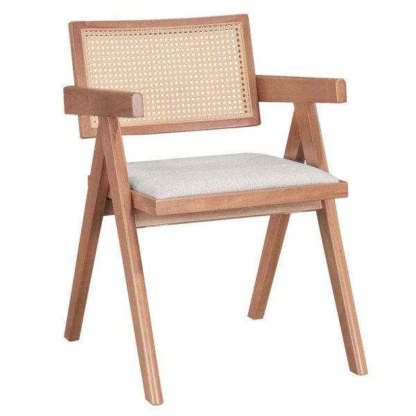 Πολυθρόνα Winslow pakoworld ξύλο rubberwood ανοικτό καρυδί-pvc rattan φυσικό-ύφασμα γκρι | Συσκευασία 2 τμχ